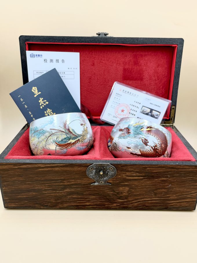 Пиалы посеребрянные парные Дракон и Феникс 150 мл.